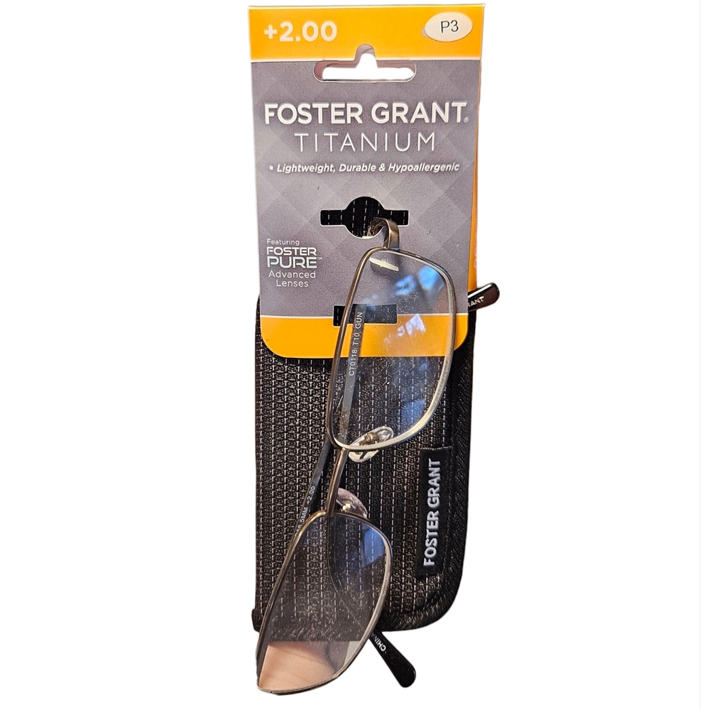 Foster Grant Titanium +2.00 Reading Glasses – Lightweight Durable Frame with Cas